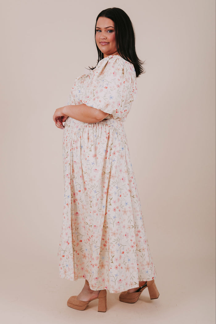 plus size floral drawstring gathered midi dress side
