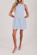 Light blue knee length sleeveless dress with a drop waist and boat neckline