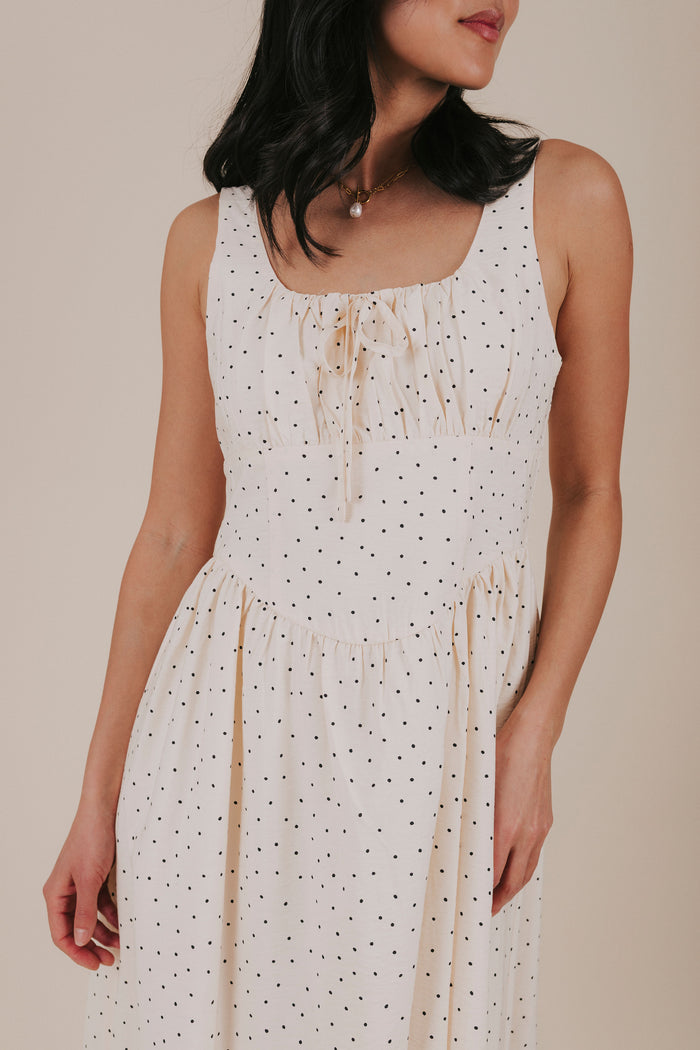 cream polka dot midi dress close 2