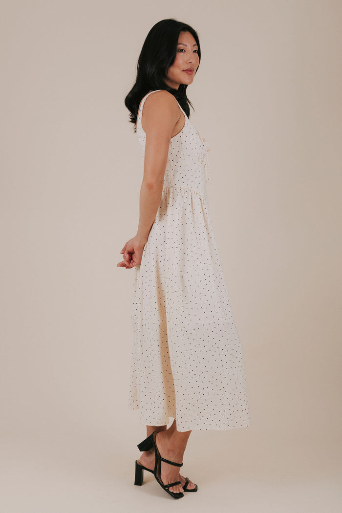 cream polka dot midi dress side