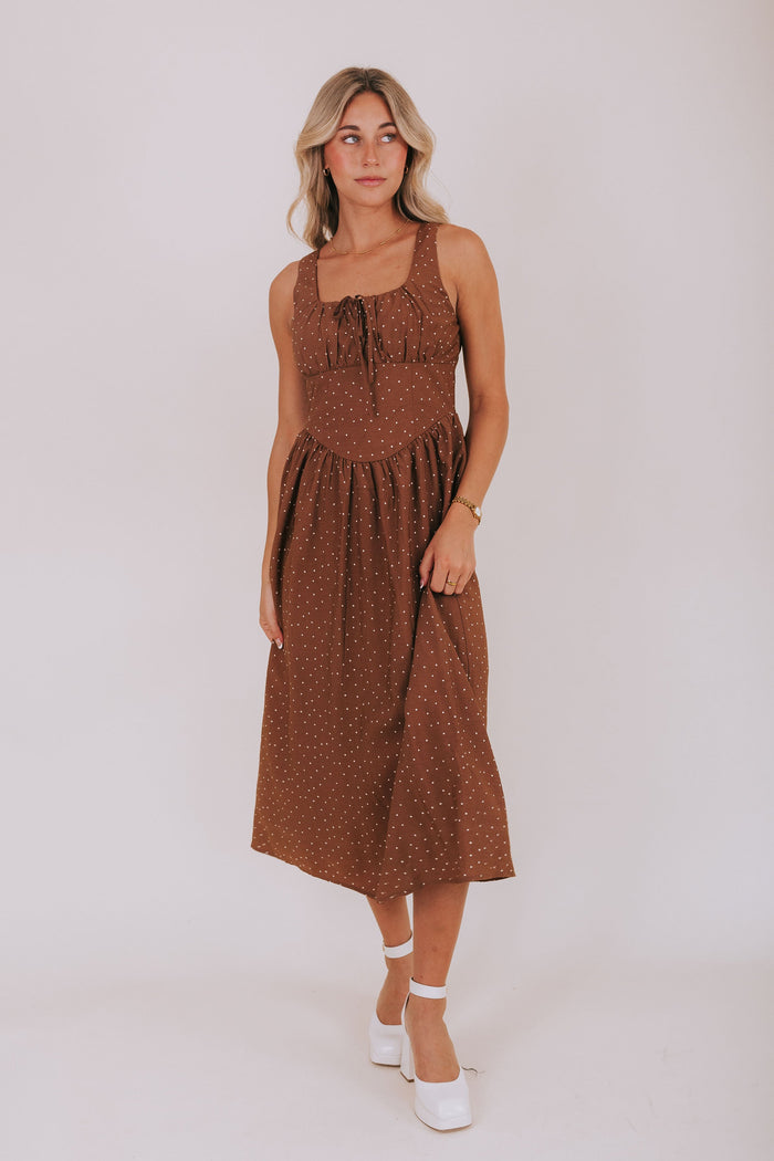 brown polka dot midi dress full