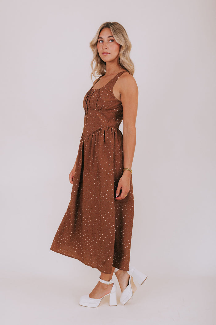 brown polka dot midi dress side