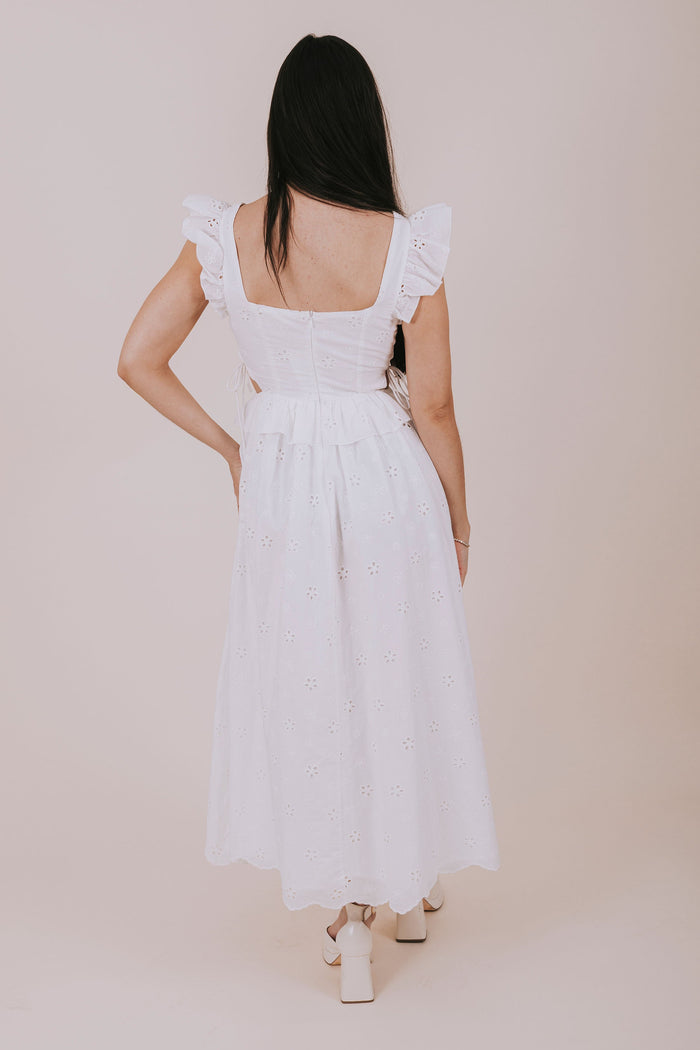 white sweetheart eyelet midi dress back
