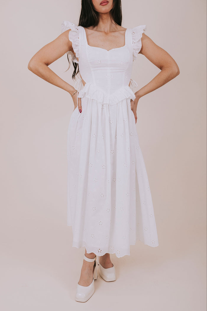 white sweetheart eyelet midi dress front close