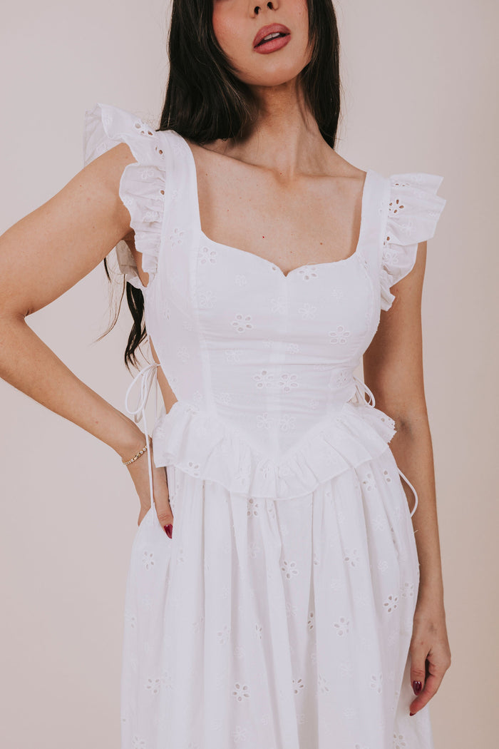 white sweetheart eyelet midi dress detail