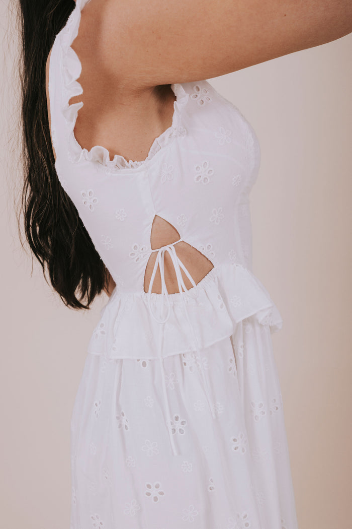 white sweetheart eyelet midi dress side detail