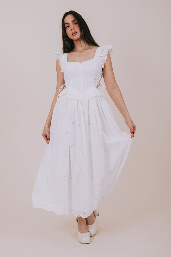 white sweetheart eyelet midi dress front 2