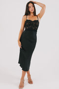 midi dress with lace bodice and satin skirt full