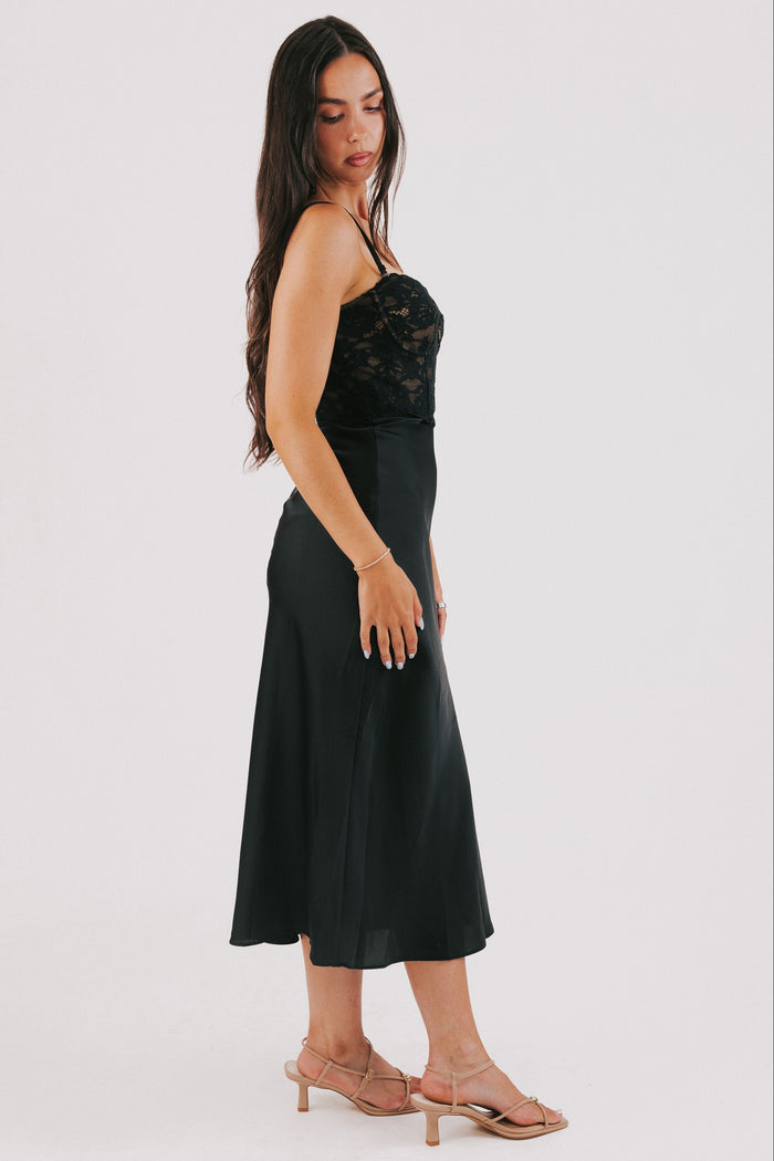 midi dress with lace bodice and satin skirt side