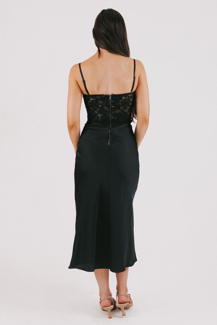 midi dress with lace bodice and satin skirt back