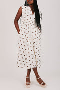 cream and brown polka dot dress with front zipper