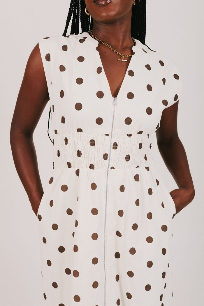 cream and brown polka dot dress with front zipper close