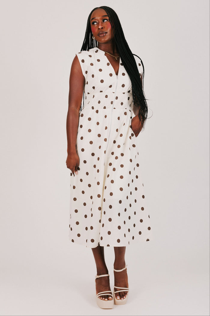 cream and brown polka dot dress with front zipper full