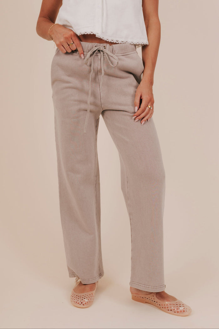 sweatpant taupe fleece wide leg pockets elastic tie front