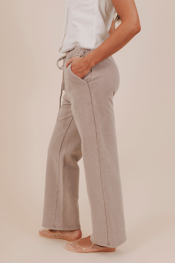 sweatpant taupe fleece wide leg pockets elastic tie side