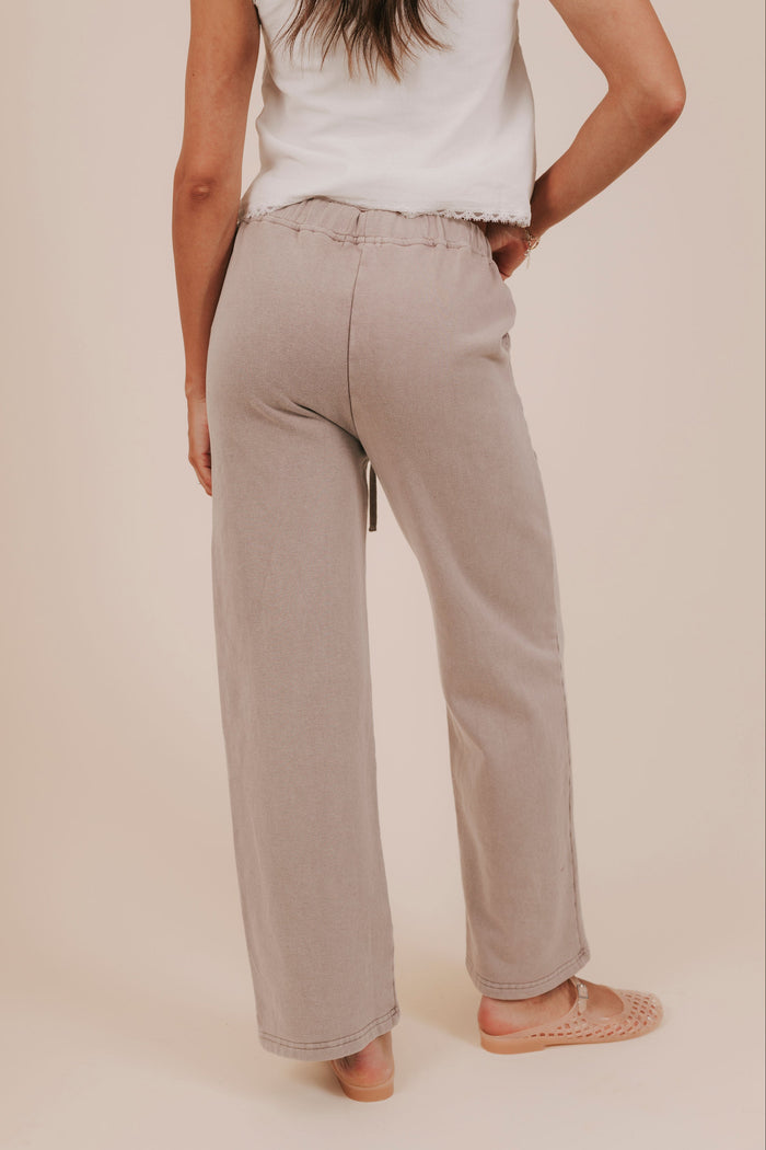 sweatpant taupe fleece wide leg pockets elastic tie back