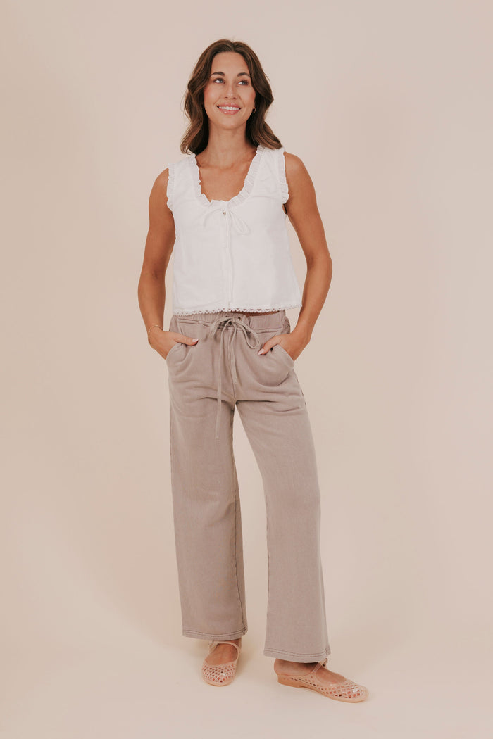 sweatpant taupe fleece wide leg pockets elastic tie model