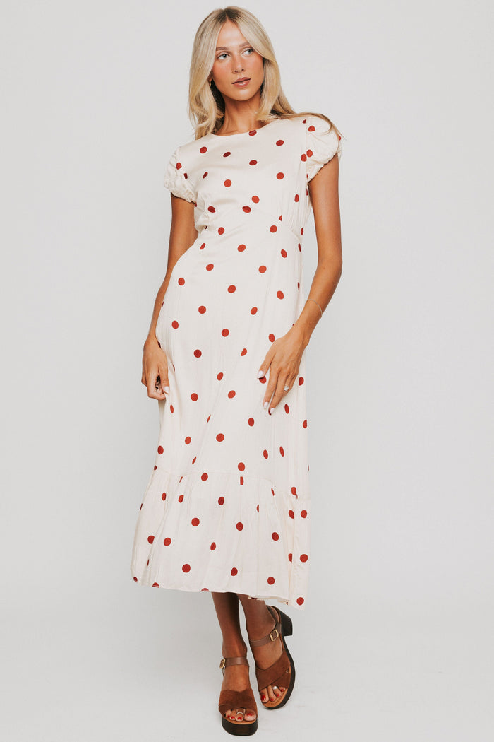 polka dot midi dress with puff sleeves off white