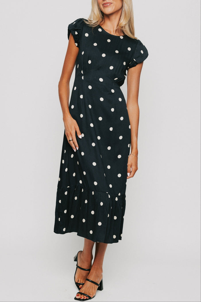 polka dot midi dress with puff sleeves black