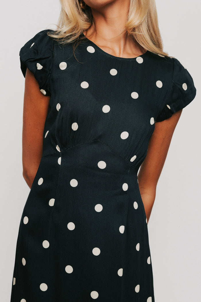 polka dot midi dress with puff sleeves black