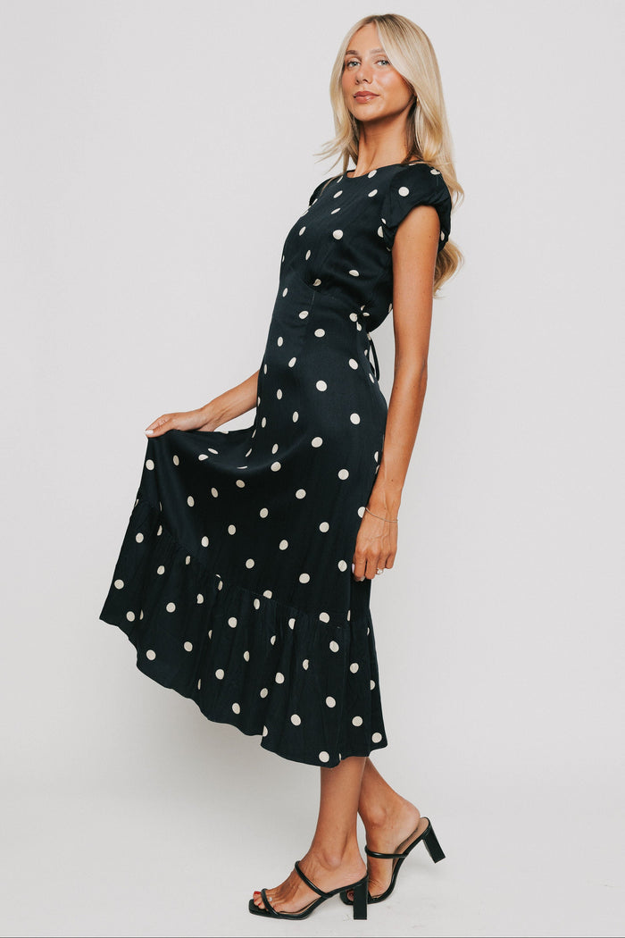 polka dot midi dress with puff sleeves black
