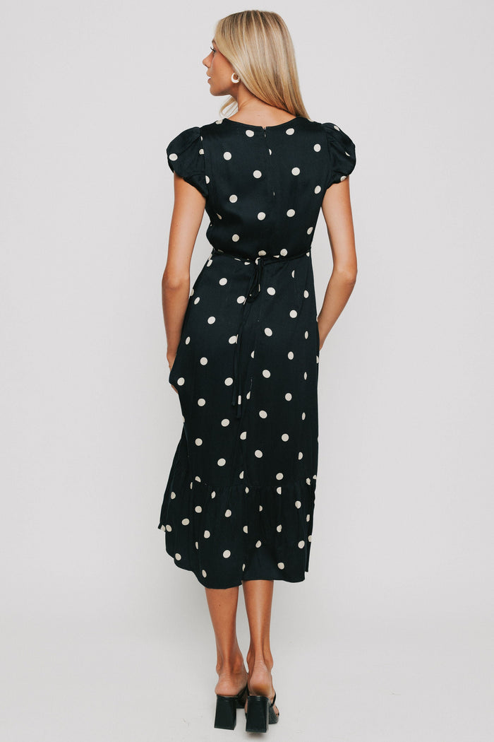 polka dot midi dress with puff sleeves black