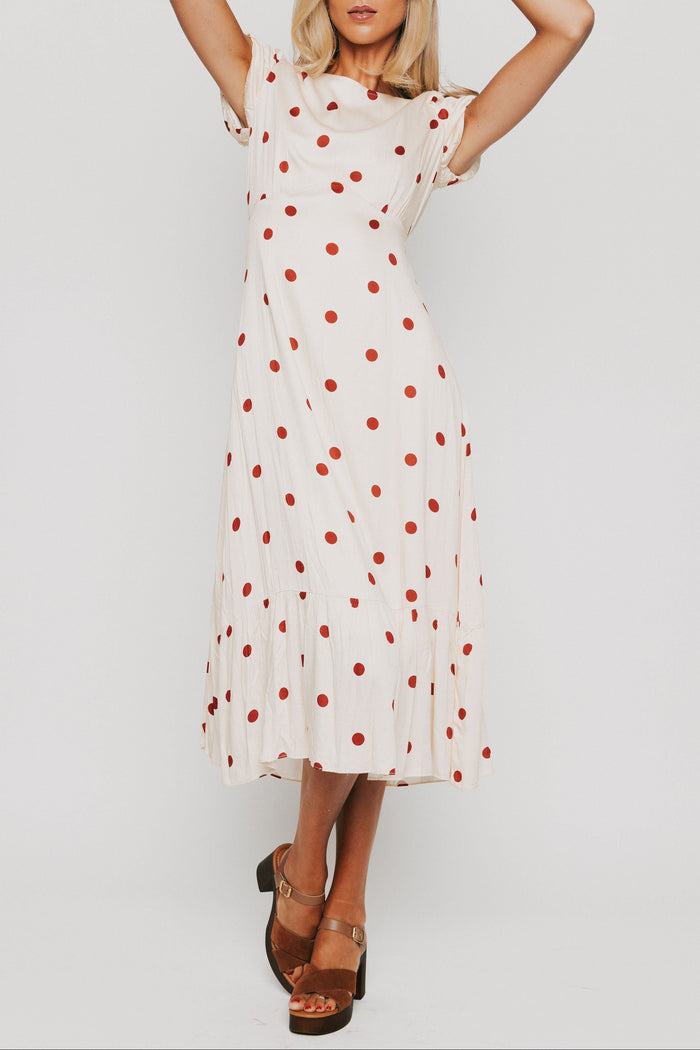 polka dot midi dress with puff sleeves off white