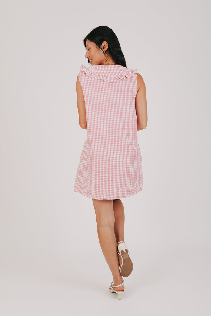pink gingham sleeveless dress with oversized collar back