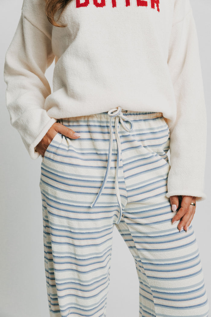 cream and blue striped lounge pants waist