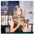 an art piece of a woman sat in a coffee shop. the point of view is outside the shop looking in through a window. a woman with blonde hair is gazing out the window holding a mug of coffee.
