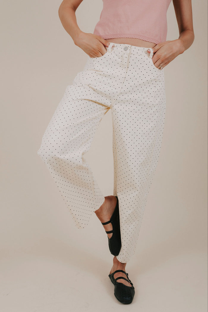 cream black polka dot barrel jeans front