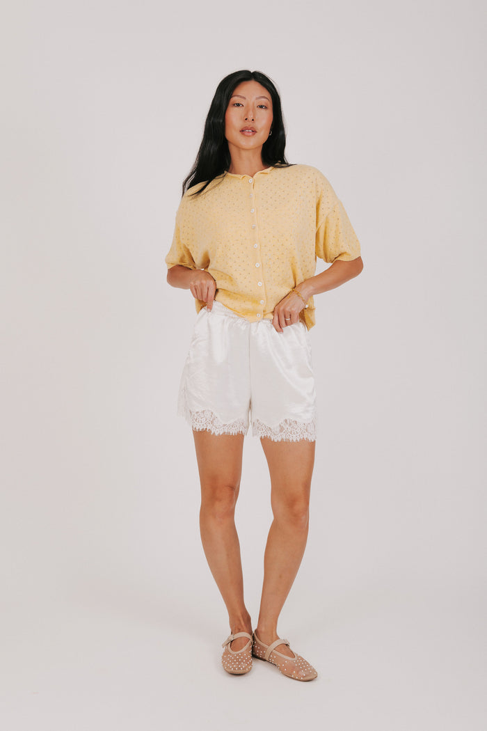 white satin shorts with lace trim full