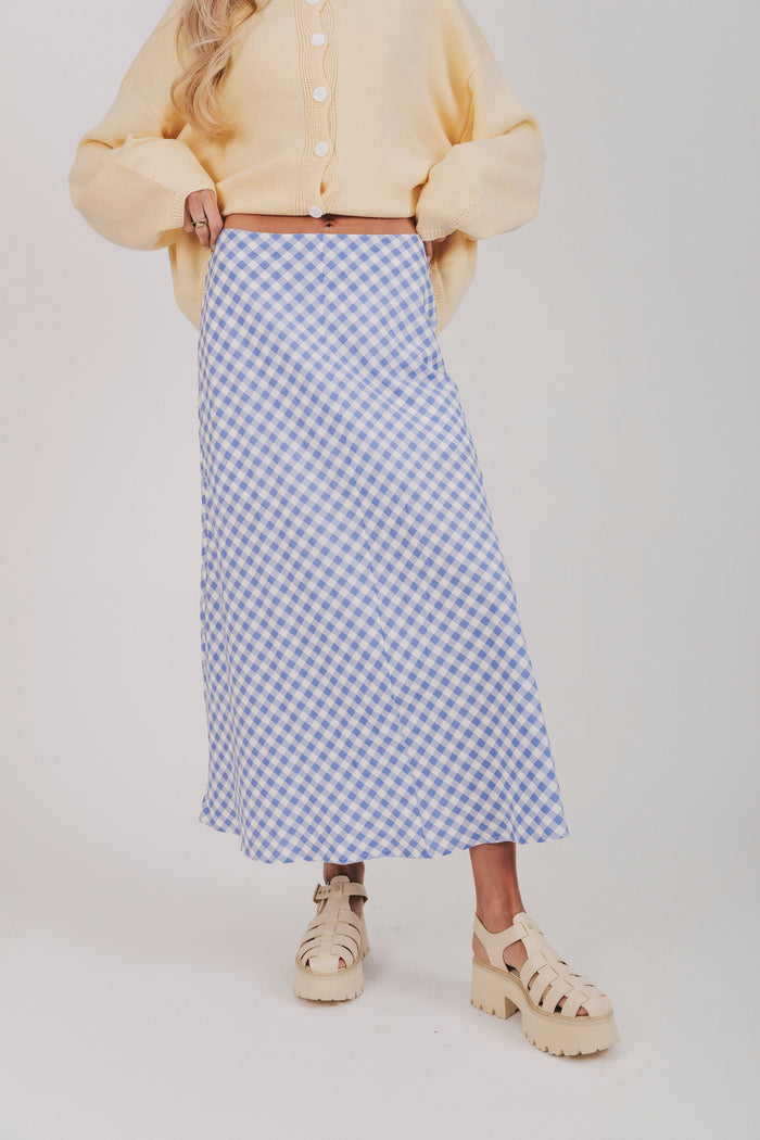 blue and white gingham skirt with a seam down the middle