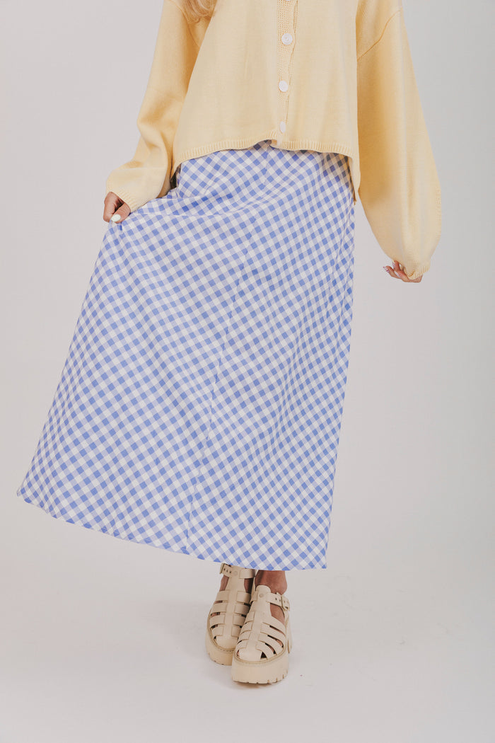 blue and white gingham skirt with a seam down the middle