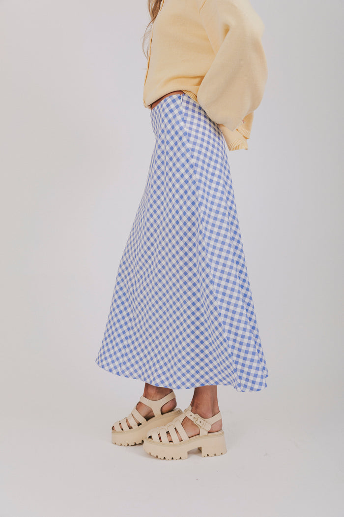 blue and white gingham skirt with a seam down the middle