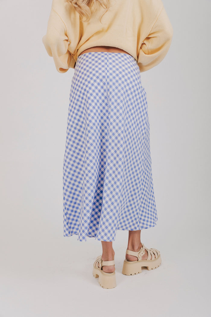 blue and white gingham skirt with a seam down the middle