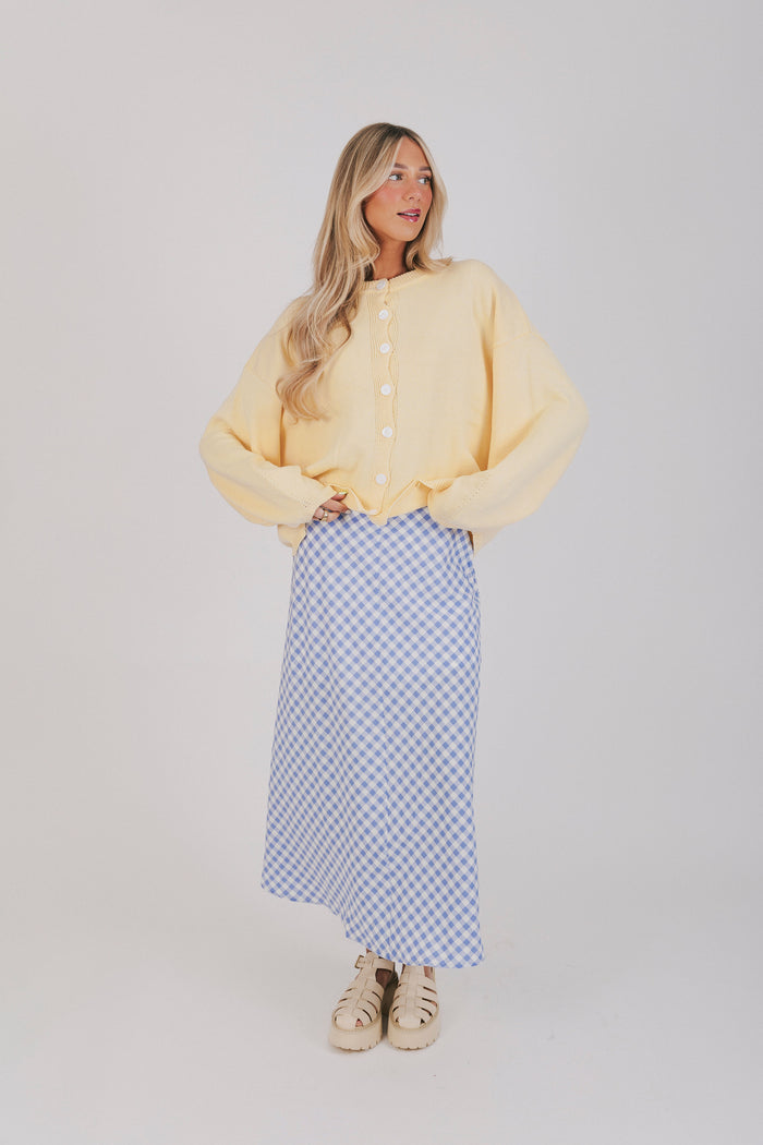 blue and white gingham skirt with a seam down the middle