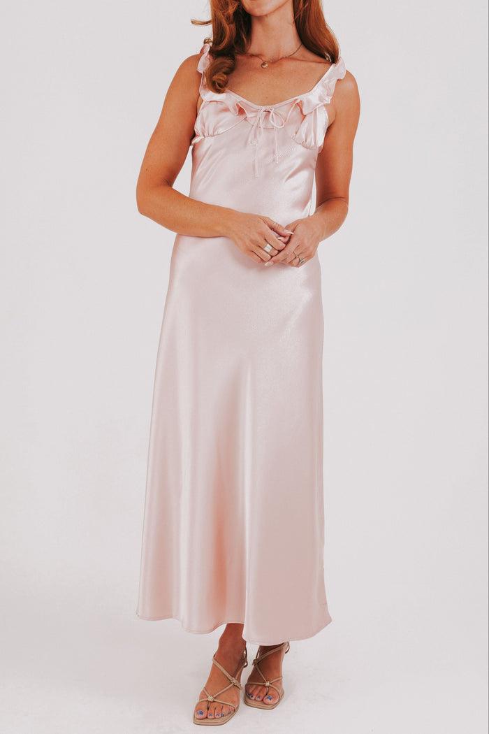 pink satin dress with ruffled straps