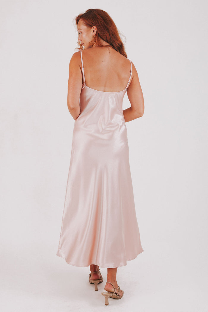pink satin dress with ruffled straps back