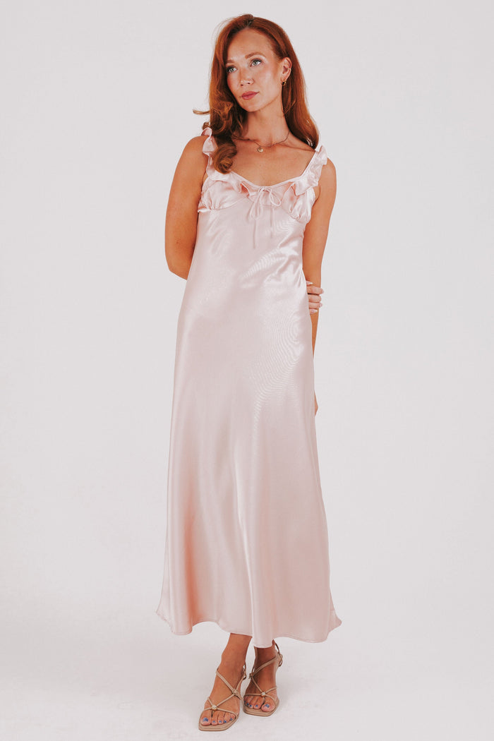 pink satin dress with ruffled straps full