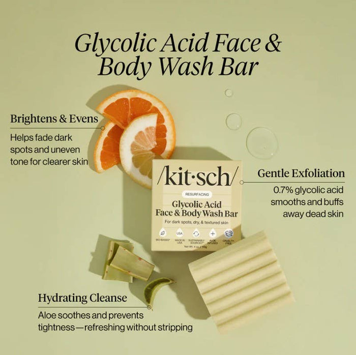 Kitsch Glycolic Acid Face & Body Wash Bar with orange slices on a light green background