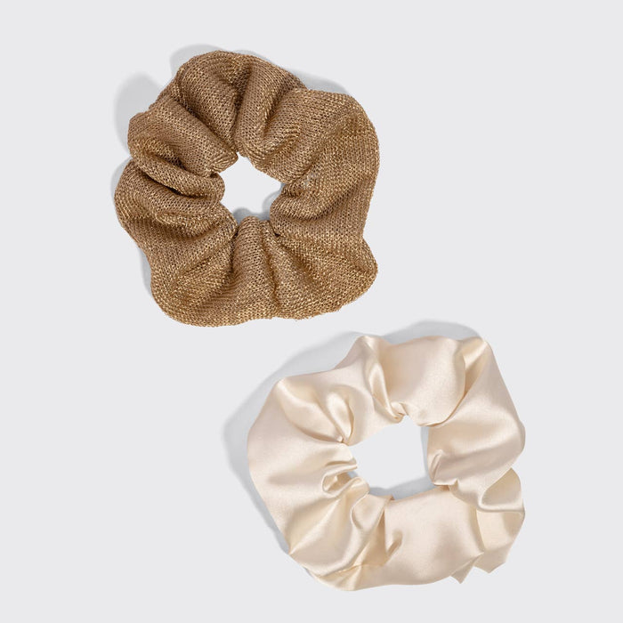 KITSCH - Metallic Mesh and Recycled Fabric Satin Scrunchies 2pc Set - Cream & Gold