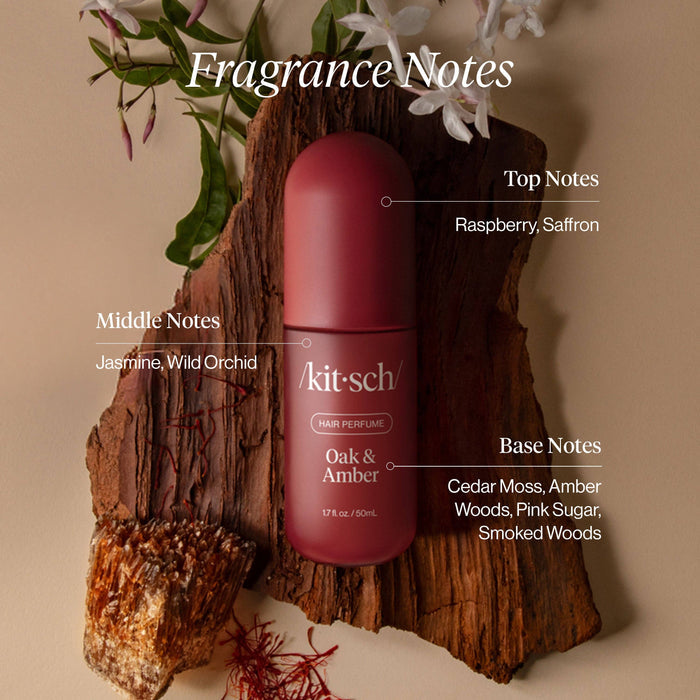 Kit-sch hair perfume bottle on a wooden block with fragrance notes text overlay