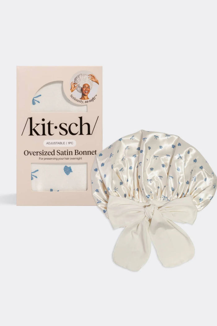 KITSCH - Oversized Satin Bonnet - Pearlized Cream & Coastal Blue Print