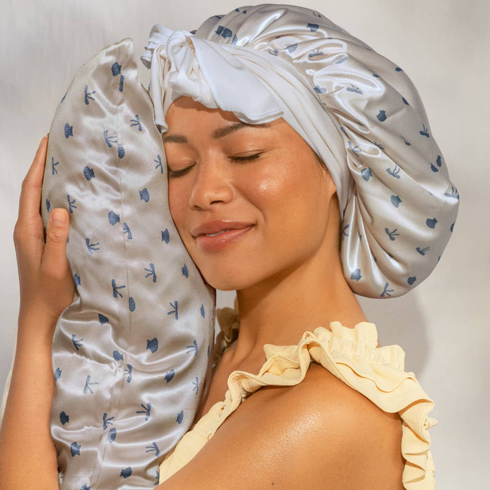 KITSCH - Oversized Satin Bonnet - Pearlized Cream & Coastal Blue Print