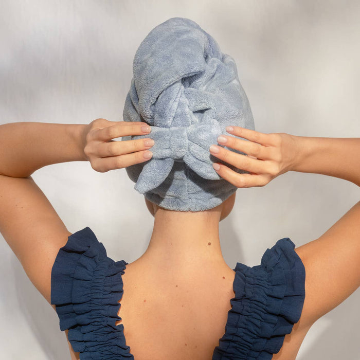 KITSCH - Plush Microfiber Hair Towel Turban with Bow - Coastal Blue