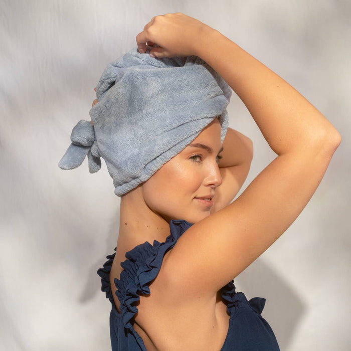 KITSCH - Plush Microfiber Hair Towel Turban with Bow - Coastal Blue
