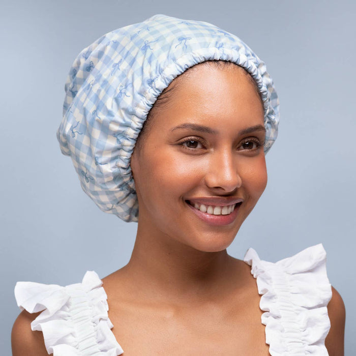 KITSCH - Satin Lined Flexi Shower Cap - Gingham Blue