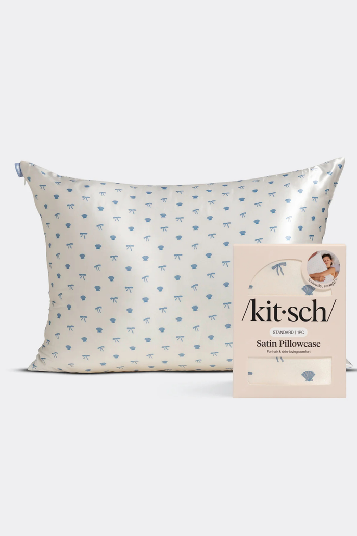 KITSCH - Standard Satin Pillowcase - Pearlized Cream & Coastal Blue Print
