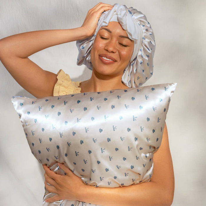 KITSCH - Standard Satin Pillowcase - Pearlized Cream & Coastal Blue Print